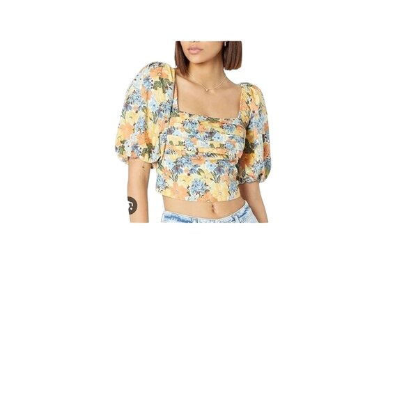 Abercrombie & Fitch Women's XL Square Neck Floral Ruched Puff Sleeve Crop Top NE - Picture 1 of 12